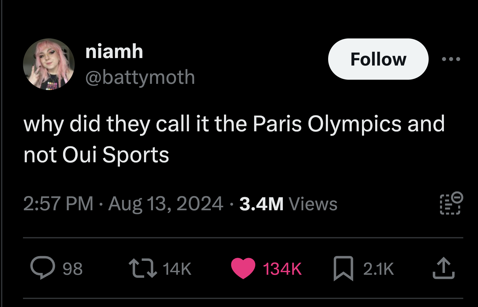 screenshot - niamh why did they call it the Paris Olympics and not Oui Sports 3.4M Views 98 14K